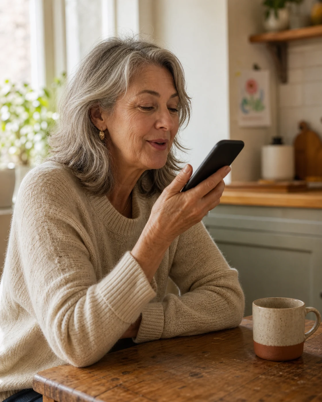 A grandmother sending a voice note from her kitchen table