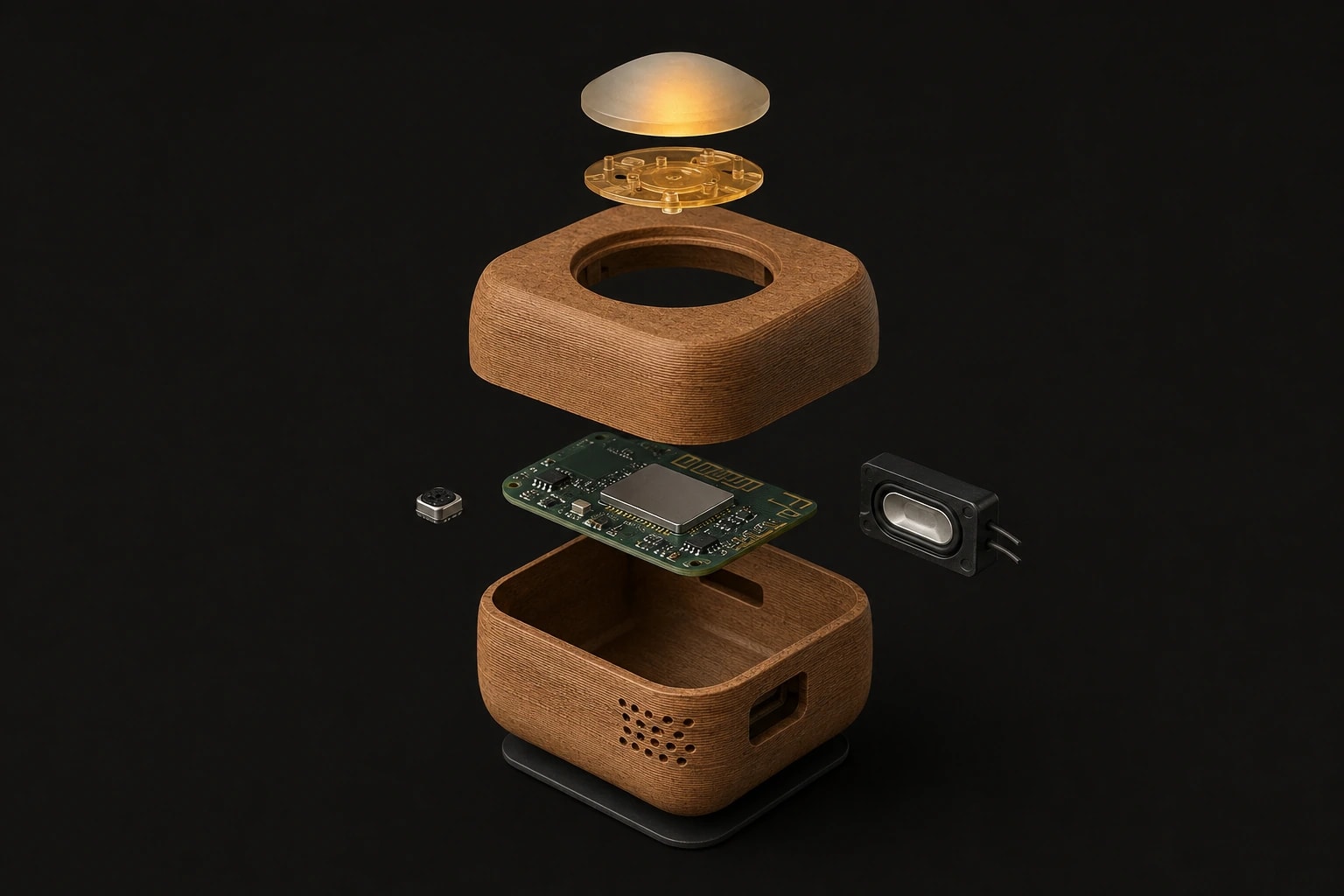 An exploded view of the teak-finish LittleVoice box, revealing its wireless electronics, microphone, and speaker.