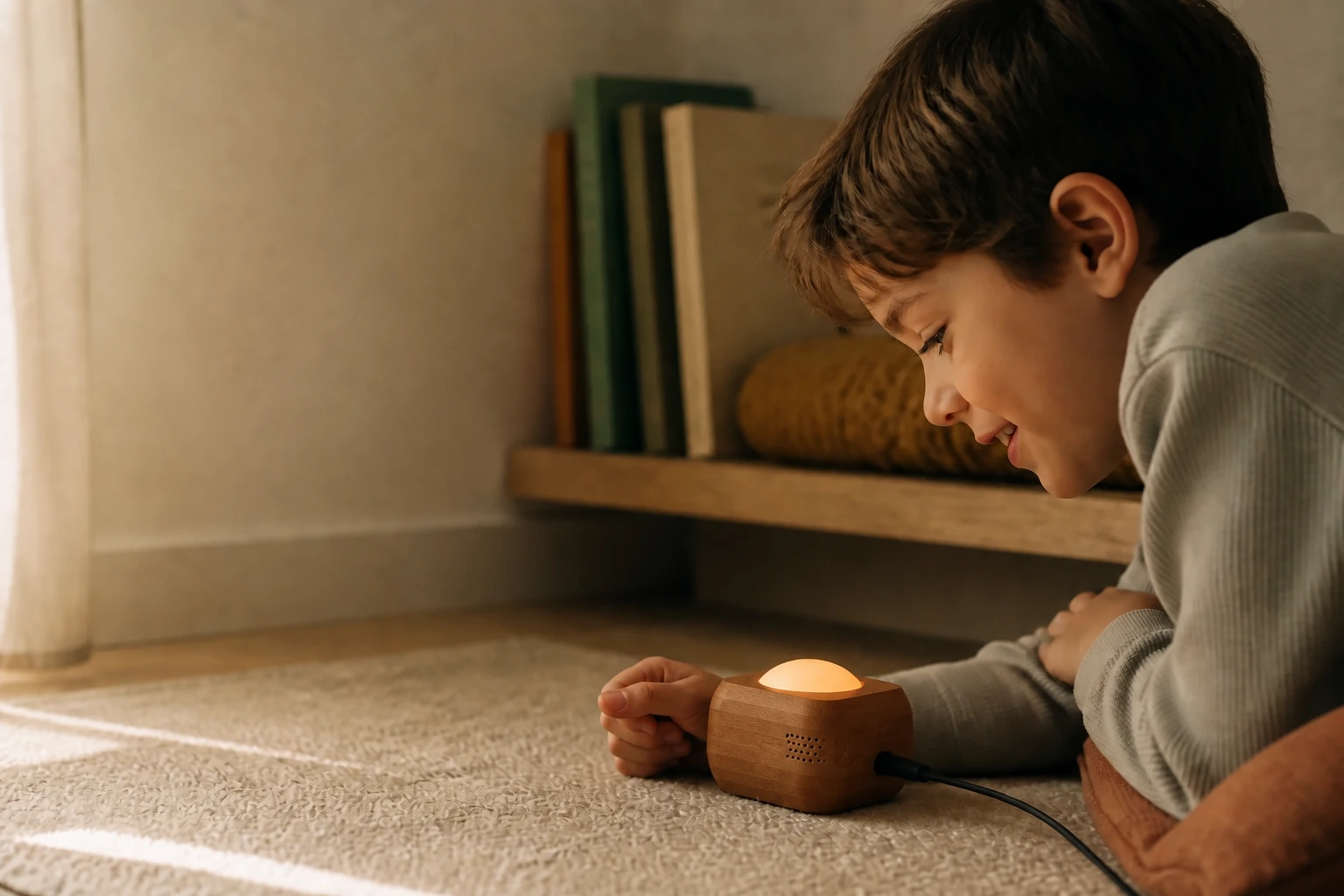 A child listening to the teak wood-finish LittleVoice box beside them, its large button softly illuminated